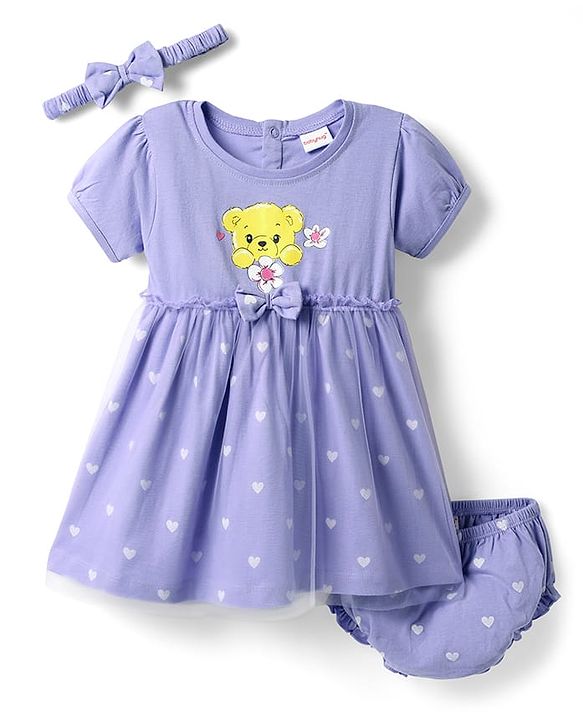 Babyhug Cotton Knit Half Sleeves Bear & Floral Printed Frock With Bloomer & Headband - Purple