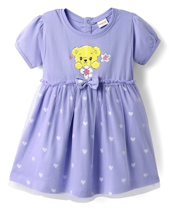 Babyhug Cotton Knit Half Sleeves Bear & Floral Printed Frock With Bloomer & Headband - Purple
