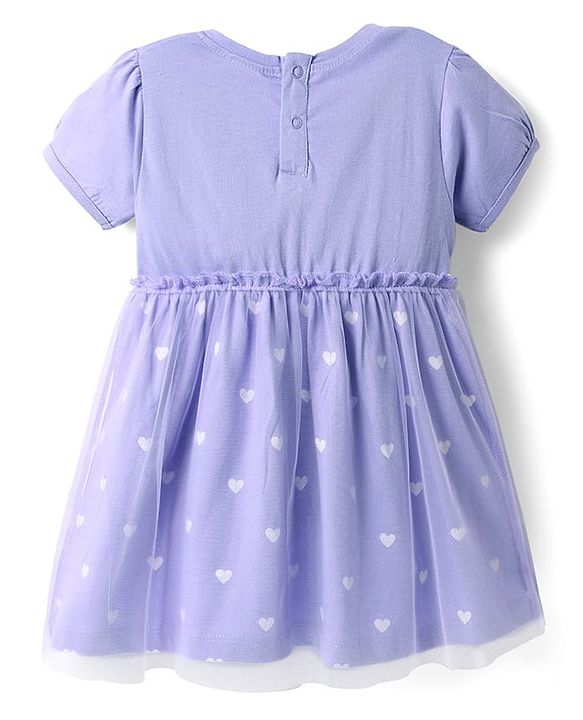 Babyhug Cotton Knit Half Sleeves Bear & Floral Printed Frock With Bloomer & Headband - Purple