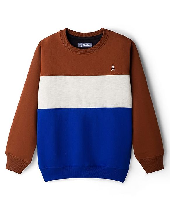 Pine Kids Cotton Knit Full Sleeves Solid Color Pullover Cut & Sew Sweatshirt - Blue & Brown
