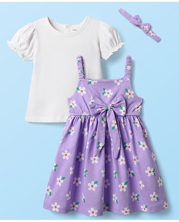 Babyhug Cotton Knit Half Sleeves T-Shirt & Frock With Floral Print & Bow Applique - Purple