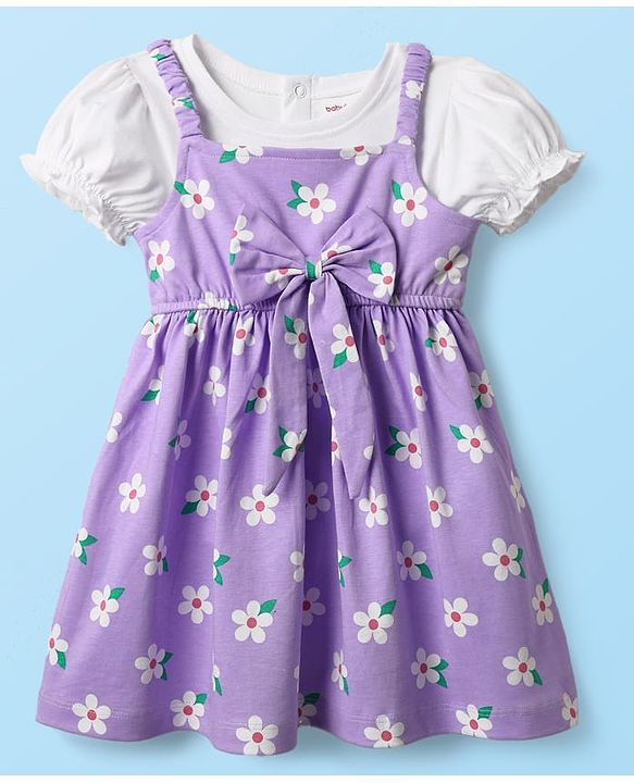 Babyhug Cotton Knit Half Sleeves T-Shirt & Frock With Floral Print & Bow Applique - Purple