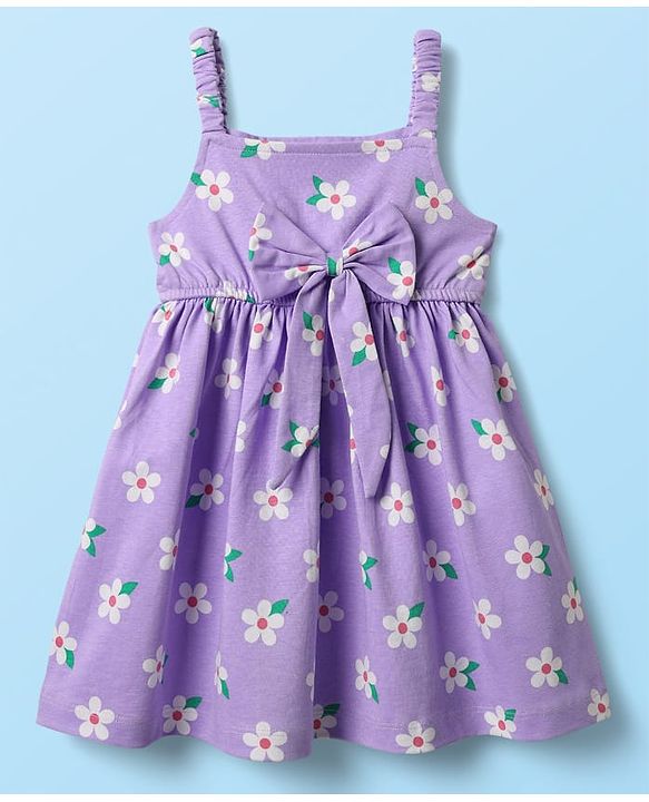 Babyhug Cotton Knit Half Sleeves T-Shirt & Frock With Floral Print & Bow Applique - Purple
