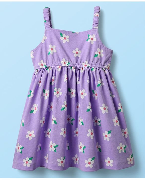 Babyhug Cotton Knit Half Sleeves T-Shirt & Frock With Floral Print & Bow Applique - Purple