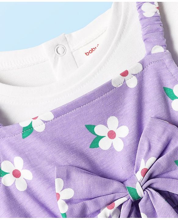 Babyhug Cotton Knit Half Sleeves T-Shirt & Frock With Floral Print & Bow Applique - Purple