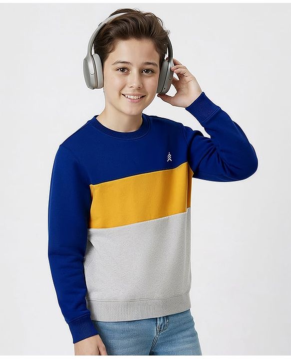 Pine Kids Cotton Knit Full Sleeves Solid Color Pullover Cut & Sew Sweatshirt - Blue & Grey