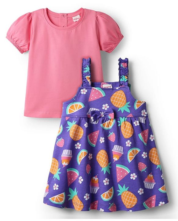 Babyhug Cotton Knit Half Sleeves Frock & Inner Tee with Fruits Print & Bow Applique - Pink & Purple