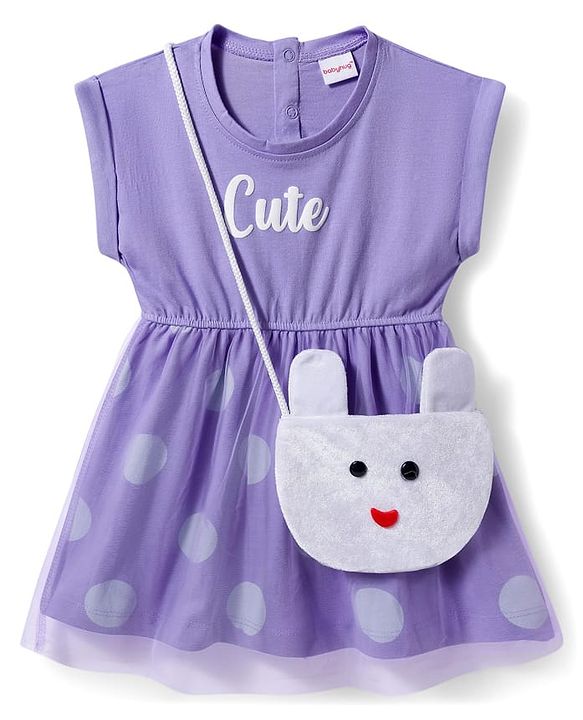Babyhug Cotton Knit Half Sleeves Frock with Sling Bag & Polka Dot Print - Purple