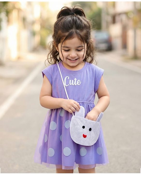 Babyhug Cotton Knit Half Sleeves Frock with Sling Bag & Polka Dot Print - Purple