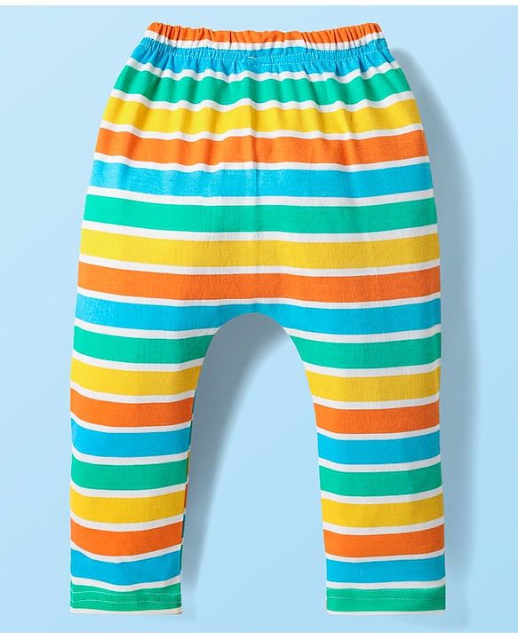 Babyhug Cotton Knit Full Length Diaper Leggings With Stripes & Dino Print Pack Of 3 - Yellow Light Blue & White