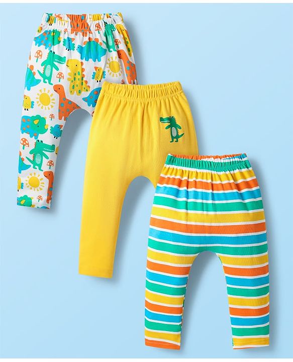 Babyhug Cotton Knit Full Length Diaper Leggings With Stripes & Dino Print Pack Of 3 - Yellow Light Blue & White