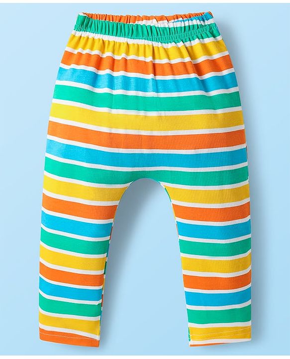 Babyhug Cotton Knit Full Length Diaper Leggings With Stripes & Dino Print Pack Of 3 - Yellow Light Blue & White