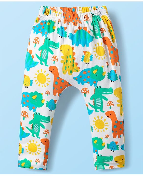Babyhug Cotton Knit Full Length Diaper Leggings With Stripes & Dino Print Pack Of 3 - Yellow Light Blue & White