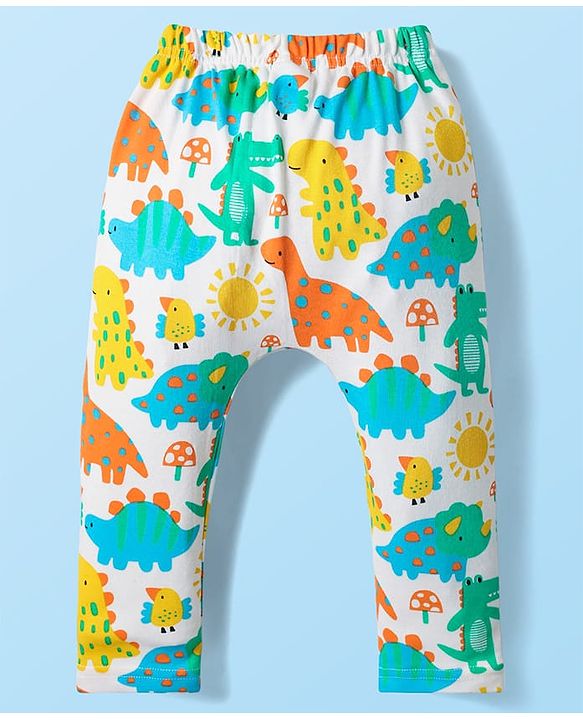 Babyhug Cotton Knit Full Length Diaper Leggings With Stripes & Dino Print Pack Of 3 - Yellow Light Blue & White
