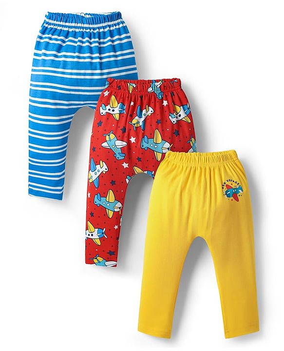 Babyhug Cotton Knit Full Length Diaper Leggings With Stripes & Dino Print Pack Of 3 - Yellow Light Blue & White