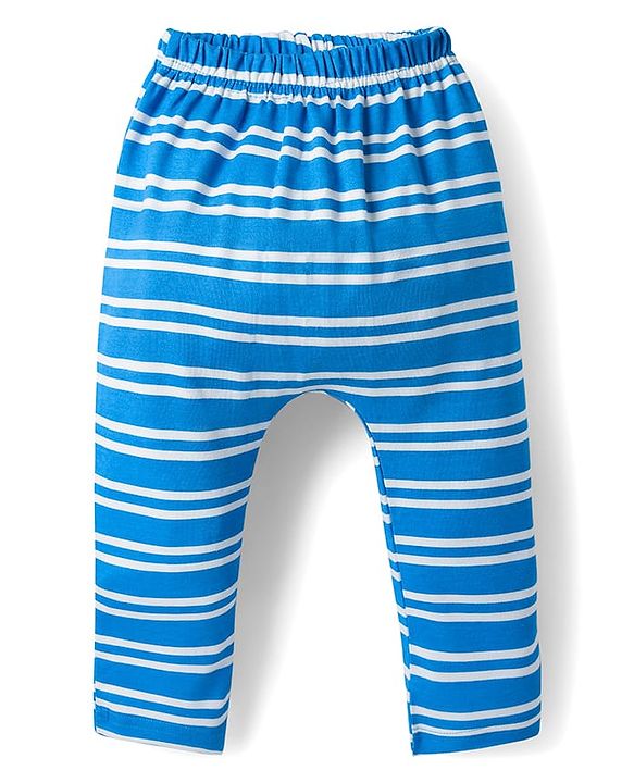 Babyhug Cotton Knit Full Length Diaper Leggings With Stripes & Dino Print Pack Of 3 - Yellow Light Blue & White