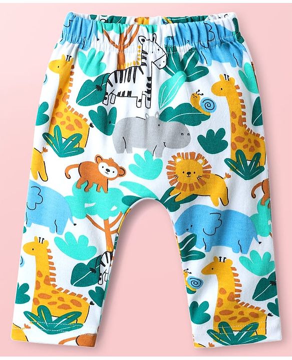 Babyhug Cotton Knit Full Length Diaper Pants With Animals Print Pack Of 3 - Navy Blue White & Light Blue
