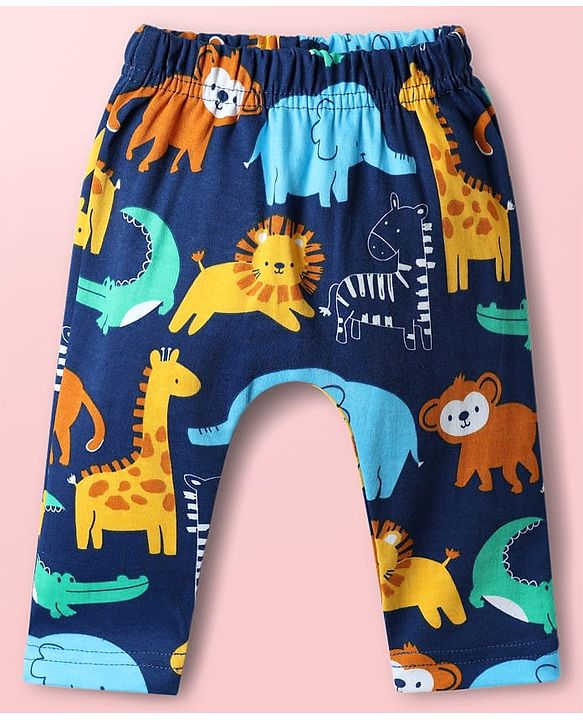 Babyhug Cotton Knit Full Length Diaper Pants With Animals Print Pack Of 3 - Navy Blue White & Light Blue