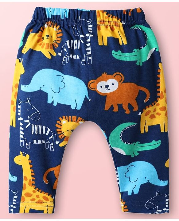 Babyhug Cotton Knit Full Length Diaper Pants With Animals Print Pack Of 3 - Navy Blue White & Light Blue