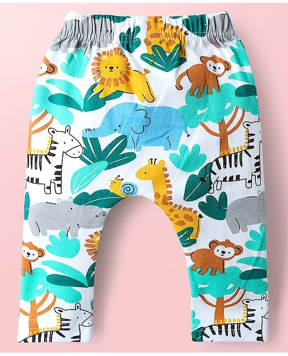 Babyhug Cotton Knit Full Length Diaper Pants With Animals Print Pack Of 3 - Navy Blue White & Light Blue