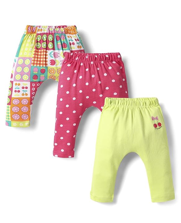 Babyhug Cotton Knit Full Length Fruit & Polka Dot Printed Diaper Leggings Pack of 3 - Multicolor