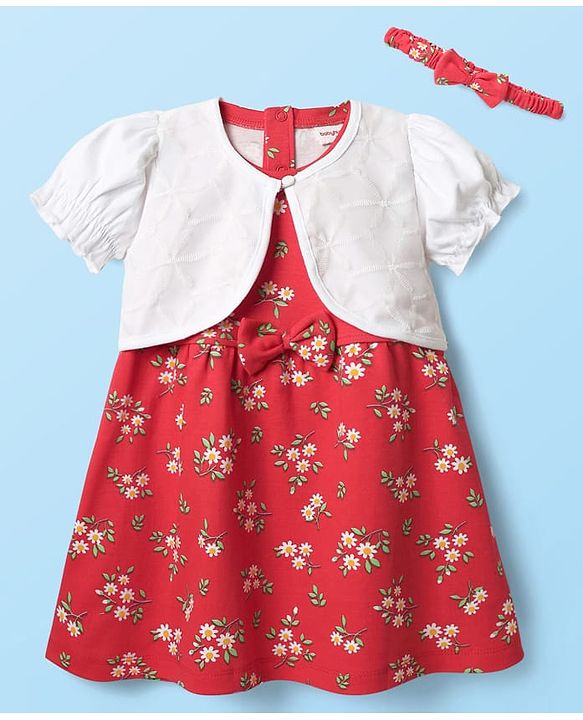 Babyhug 100% Cotton Half Sleeves Floral Printed Frock With Shrug & Headband - Red & White