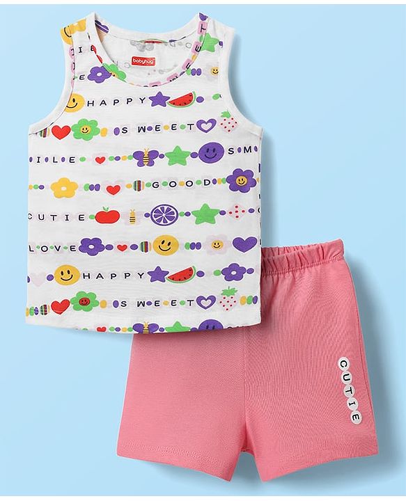 Babyhug 100% Cotton Sleeveless Text Printed Sando & Shorts Set - Multicolour