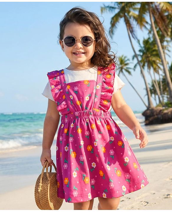Babyhug Cotton Knit Half Sleeves Frock & Inner Tee with Floral Print & Frill Detailing - Dark Pink