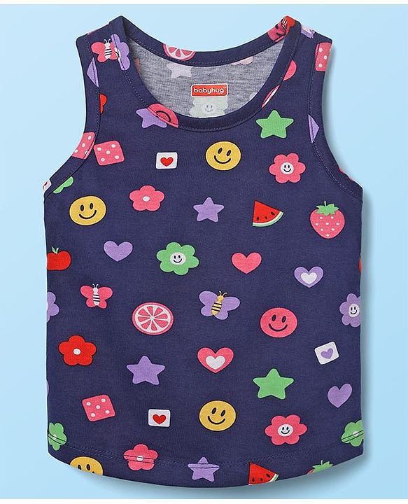 Babyhug 100% Cotton Single Jersey Knit Sleeveless Sando & Shorts With Tropical Theme Print - Navy Blue & Dark Pink
