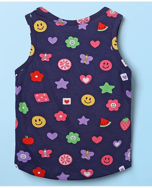 Babyhug 100% Cotton Single Jersey Knit Sleeveless Sando & Shorts With Tropical Theme Print - Navy Blue & Dark Pink