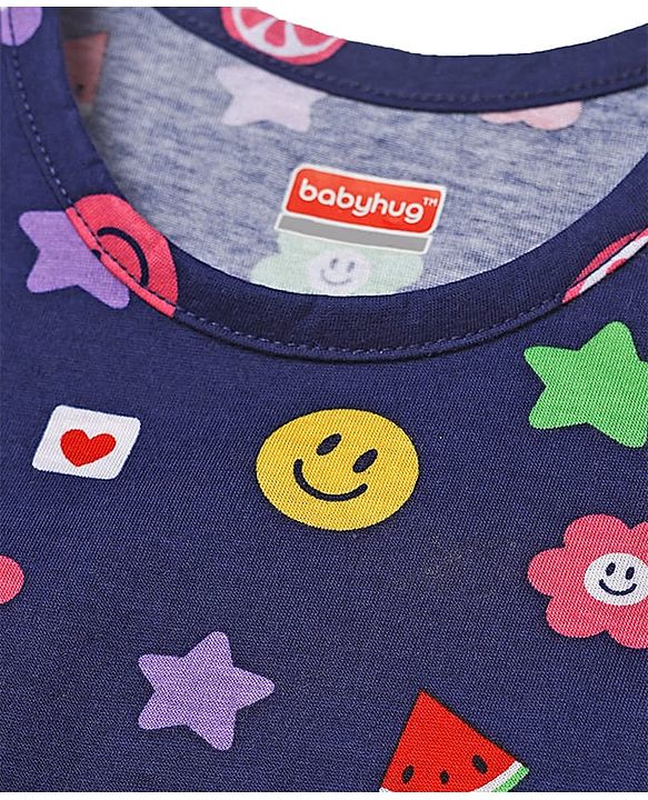 Babyhug 100% Cotton Single Jersey Knit Sleeveless Sando & Shorts With Tropical Theme Print - Navy Blue & Dark Pink