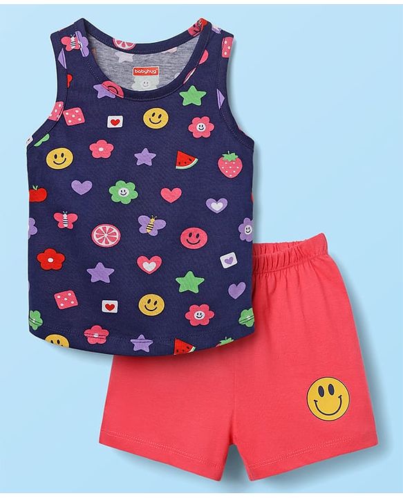 Babyhug 100% Cotton Single Jersey Knit Sleeveless Sando & Shorts With Tropical Theme Print - Navy Blue & Dark Pink