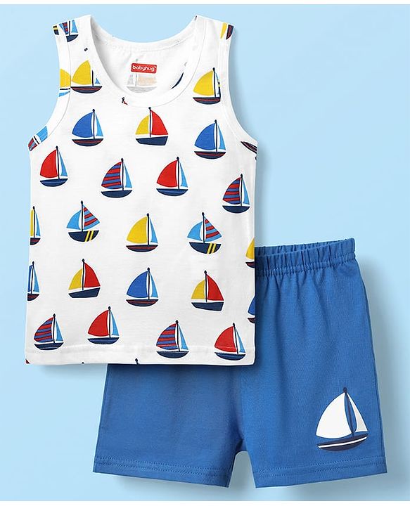Babyhug 100% Cotton Sleeveless Nautical Printed Sando & Shorts Set - Blue & White