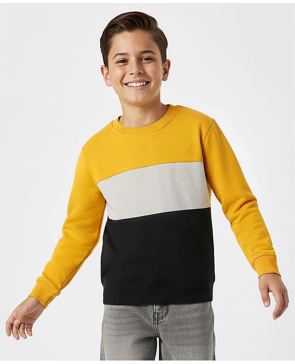 Pine Kids Cotton Knit Full Sleeves Solid Color Pullover Cut & Sew Sweatshirt - Yellow & Black