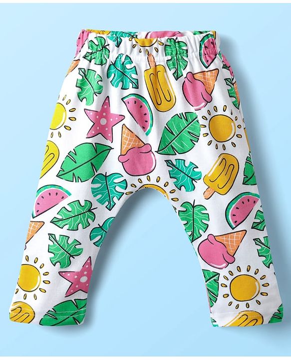 Babyhug Cotton Knit Full Length Daiper Leggings with Tropical Theme Print Pack of 3 - Yellow White & Pink