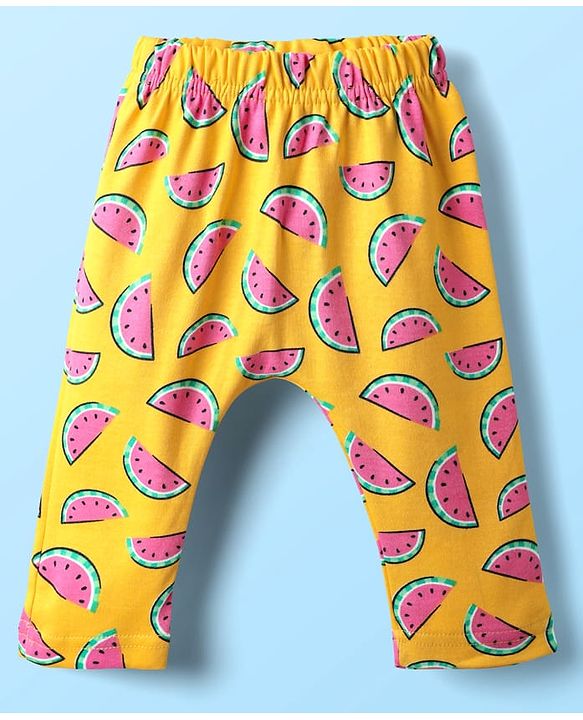 Babyhug Cotton Knit Full Length Daiper Leggings with Tropical Theme Print Pack of 3 - Yellow White & Pink