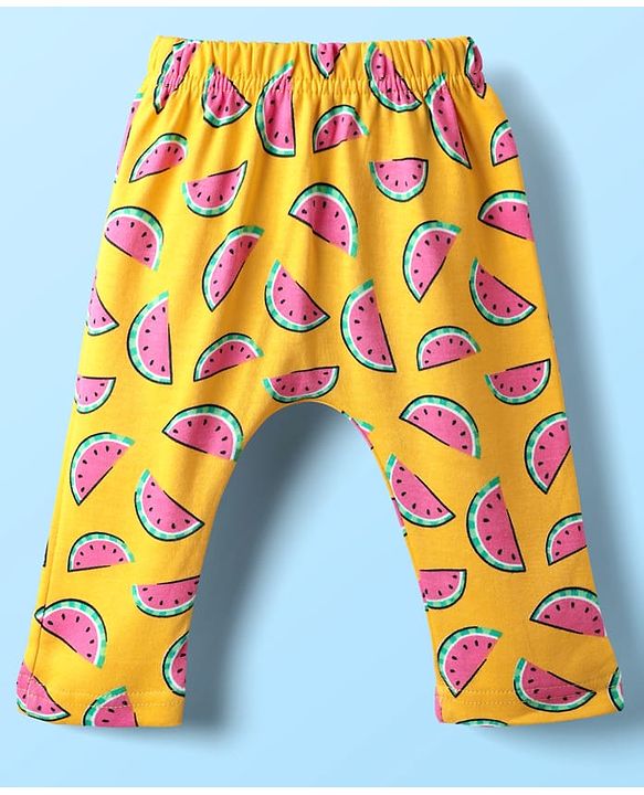 Babyhug Cotton Knit Full Length Daiper Leggings with Tropical Theme Print Pack of 3 - Yellow White & Pink