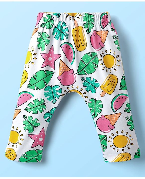 Babyhug Cotton Knit Full Length Daiper Leggings with Tropical Theme Print Pack of 3 - Yellow White & Pink