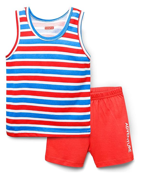 Babyhug 100% Cotton Single Jersey Knit Sleeveless Sando & Shorts Set With Stripes & Text Print - Blue & Red