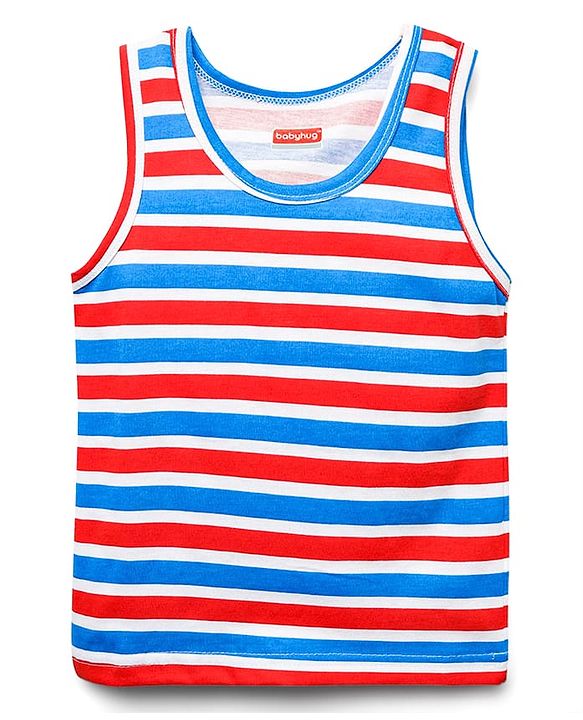 Babyhug 100% Cotton Single Jersey Knit Sleeveless Sando & Shorts Set With Stripes & Text Print - Blue & Red