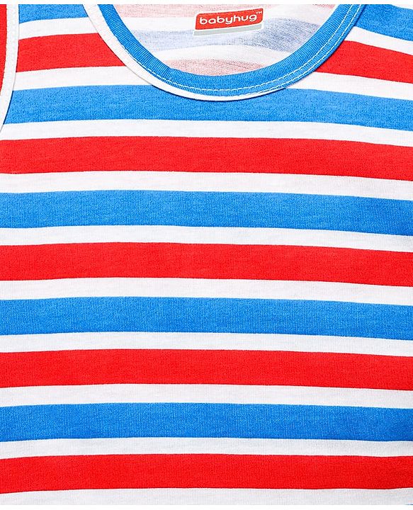 Babyhug 100% Cotton Single Jersey Knit Sleeveless Sando & Shorts Set With Stripes & Text Print - Blue & Red