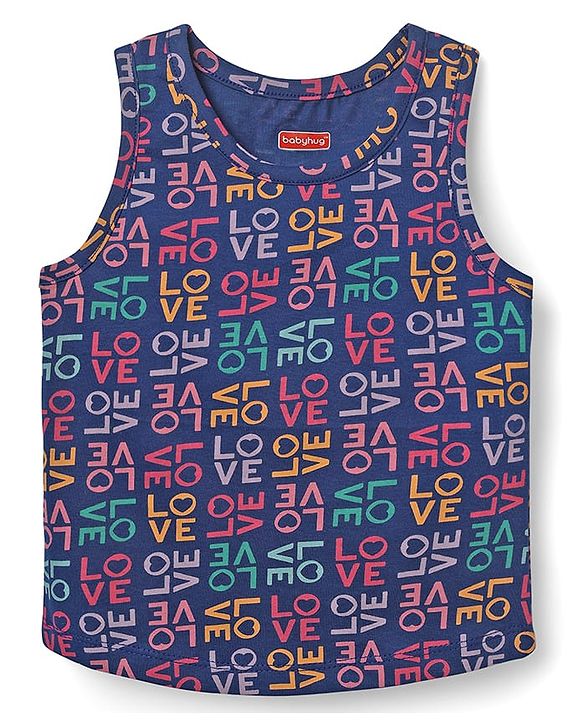 Babyhug 100% Cotton Single Jersey Knit Sleevelss Sando & Shorts Set With Text Print - Navy Blue & Pink
