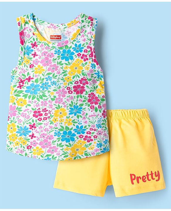 Babyhug 100% Cotton Sleeveless Floral Printed Sando & Shorts Set - Multicolor