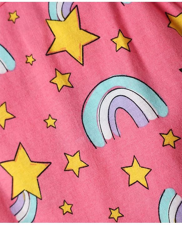 Babyhug 100% Cotton Single Jersey Knit Sleeveless Sando & Shorts Set with Rainbow & Star Print - Pink & Yellow