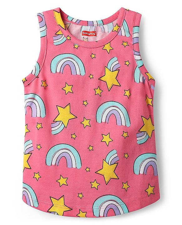 Babyhug 100% Cotton Single Jersey Knit Sleeveless Sando & Shorts Set with Rainbow & Star Print - Pink & Yellow