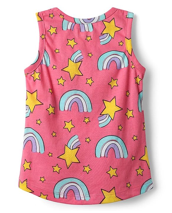 Babyhug 100% Cotton Single Jersey Knit Sleeveless Sando & Shorts Set with Rainbow & Star Print - Pink & Yellow
