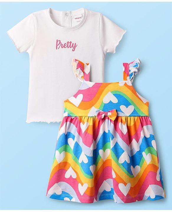 Babyhug Cotton Knit Half Sleeves Frock & Inner Tee with Hearts Print & Bow Detailing - Multicolour