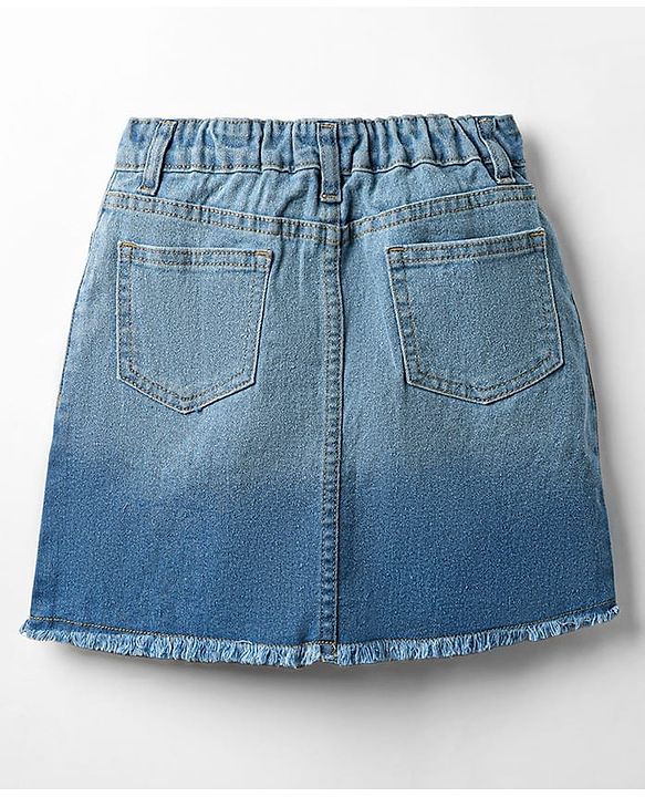Pine Kids Woven Above Knee Length Washed Denim Skirt With Ombre Effect & Heart Embroidery - Blue