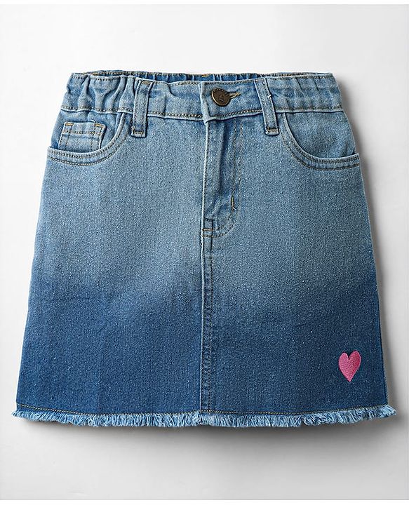 Pine Kids Woven Above Knee Length Washed Denim Skirt With Ombre Effect & Heart Embroidery - Blue