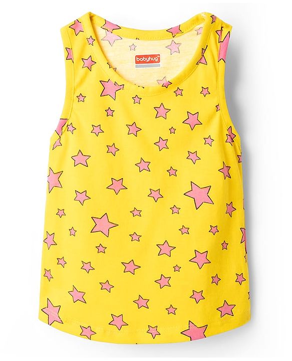 Babyhug 100% Cotton Sleeveless Star Printed Sando & Shorts Set - Yellow & Pink